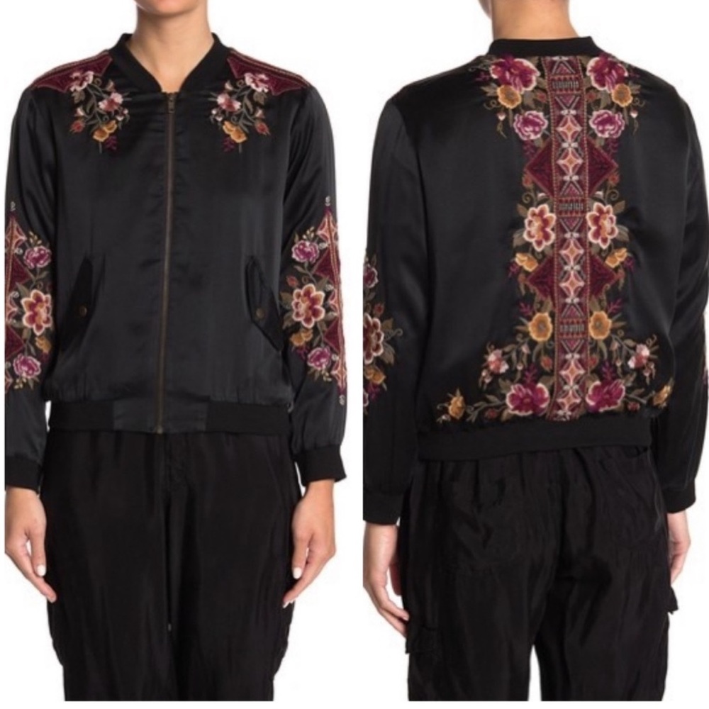 Johnny Was Nepal Bomber Silk Floral Jacket Black